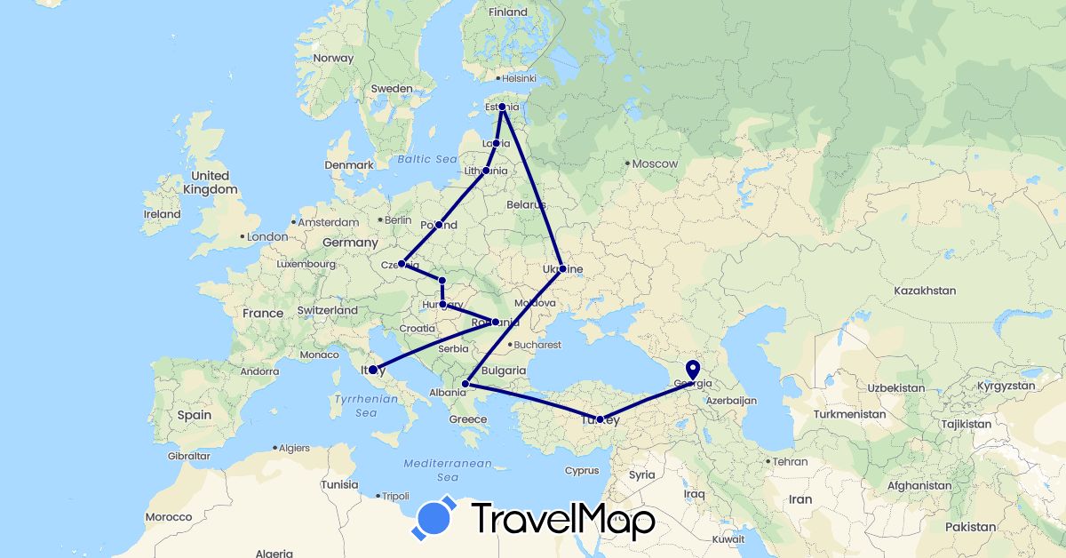 TravelMap itinerary: driving in Czech Republic, Estonia, Georgia, Hungary, Italy, Lithuania, Latvia, Macedonia, Poland, Romania, Slovakia, Turkey, Ukraine (Asia, Europe)